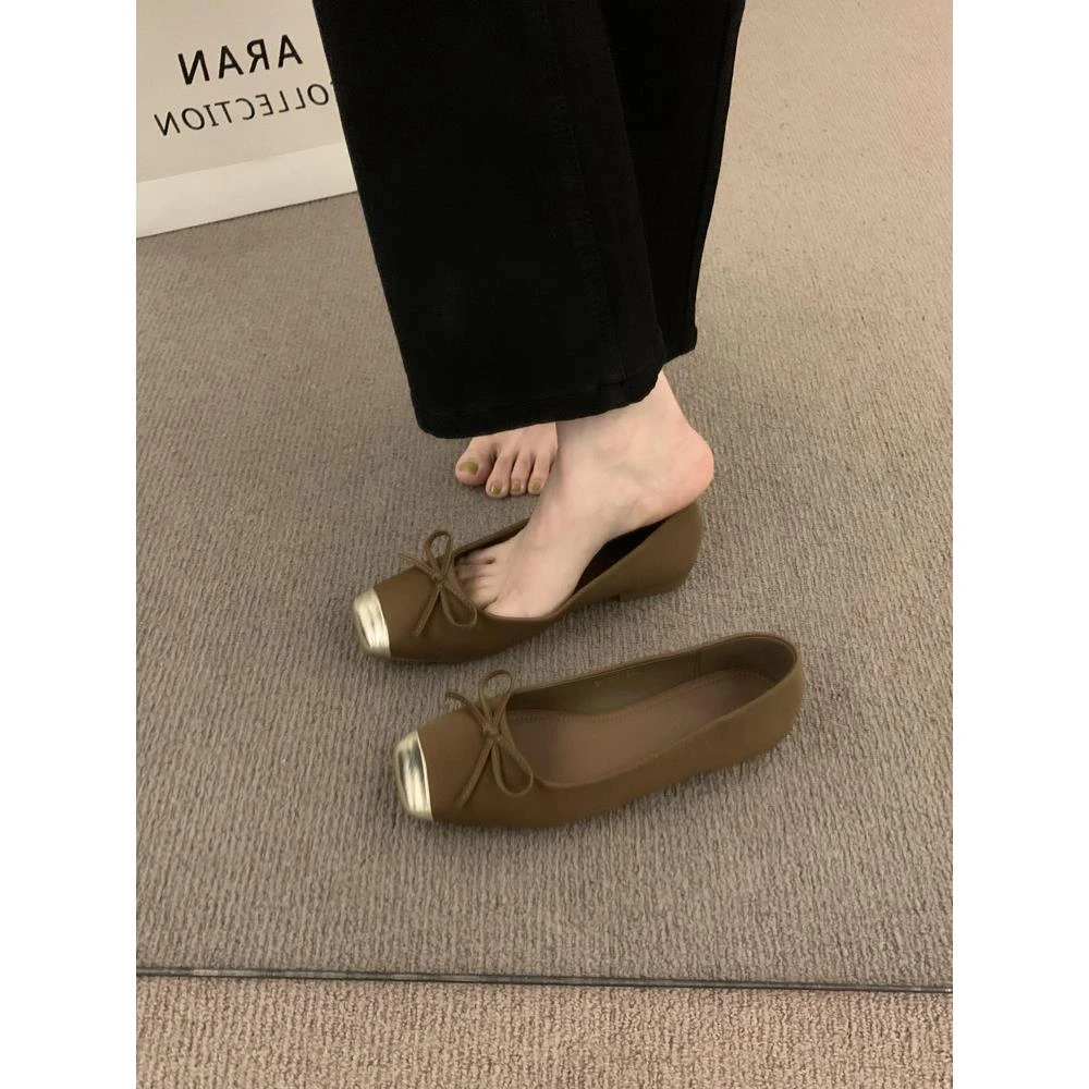 法式复古拼色方头温柔风晚晚鞋一脚蹬浅口瓢鞋百搭平底豆豆单鞋女