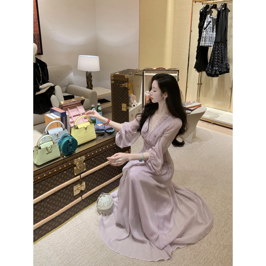【雅乔定制】气质名媛 钉珠蕾丝V领复古灯笼袖连衣裙DYYY-250851080