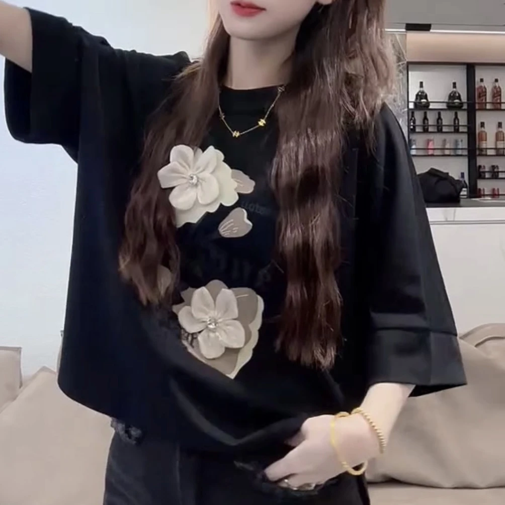 通勤短袖小众立体装饰半袖显瘦设计感韩版时尚T恤宽松型圆领