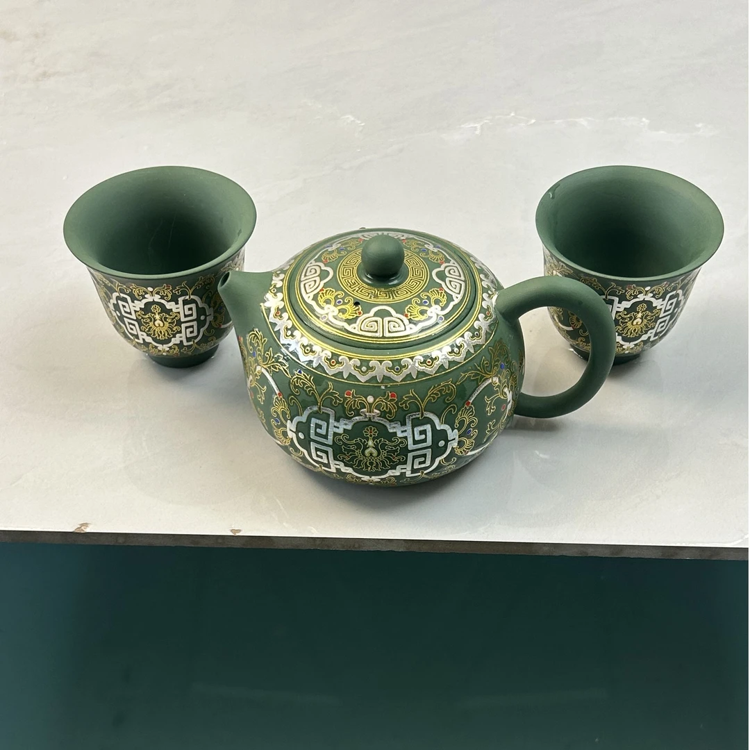 原矿绿泥珐琅彩紫砂西施壶+两杯
