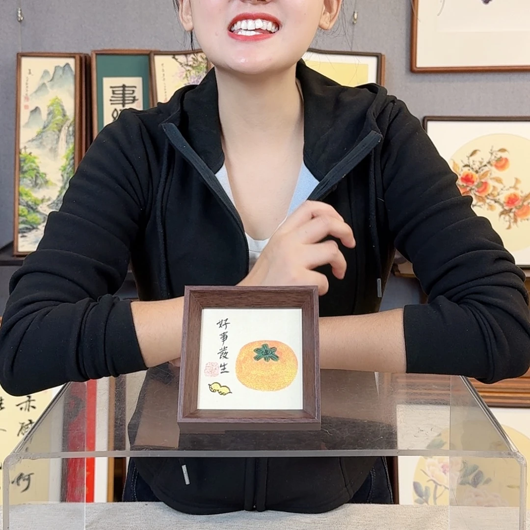 国画纯手绘，纯手写带框尺寸：12×12厘米