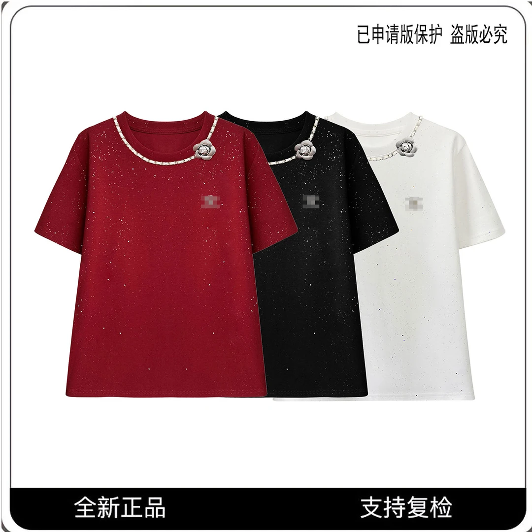 #68051#CSIN轻奢圆领时尚烫钻T恤衫2025夏百搭显瘦设计师个性上衣