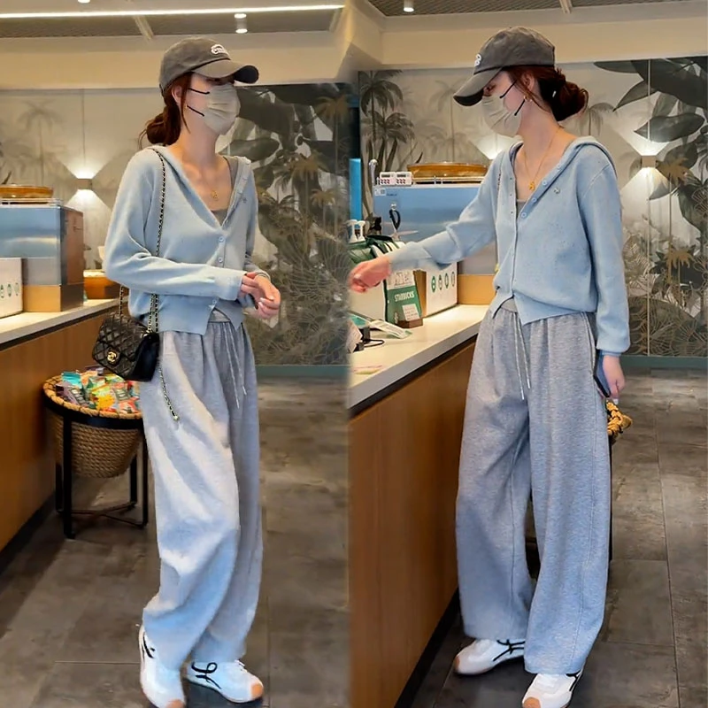 早秋chic高级感套装韩系绝美连帽针织开衫百搭束脚休闲卫裤两件套