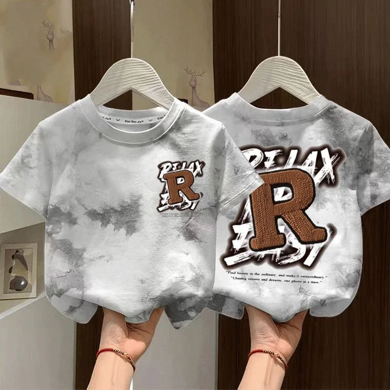 夏季新款纯棉短袖男童女童新款扎染帅气韩版百搭洋气儿童宝宝上衣