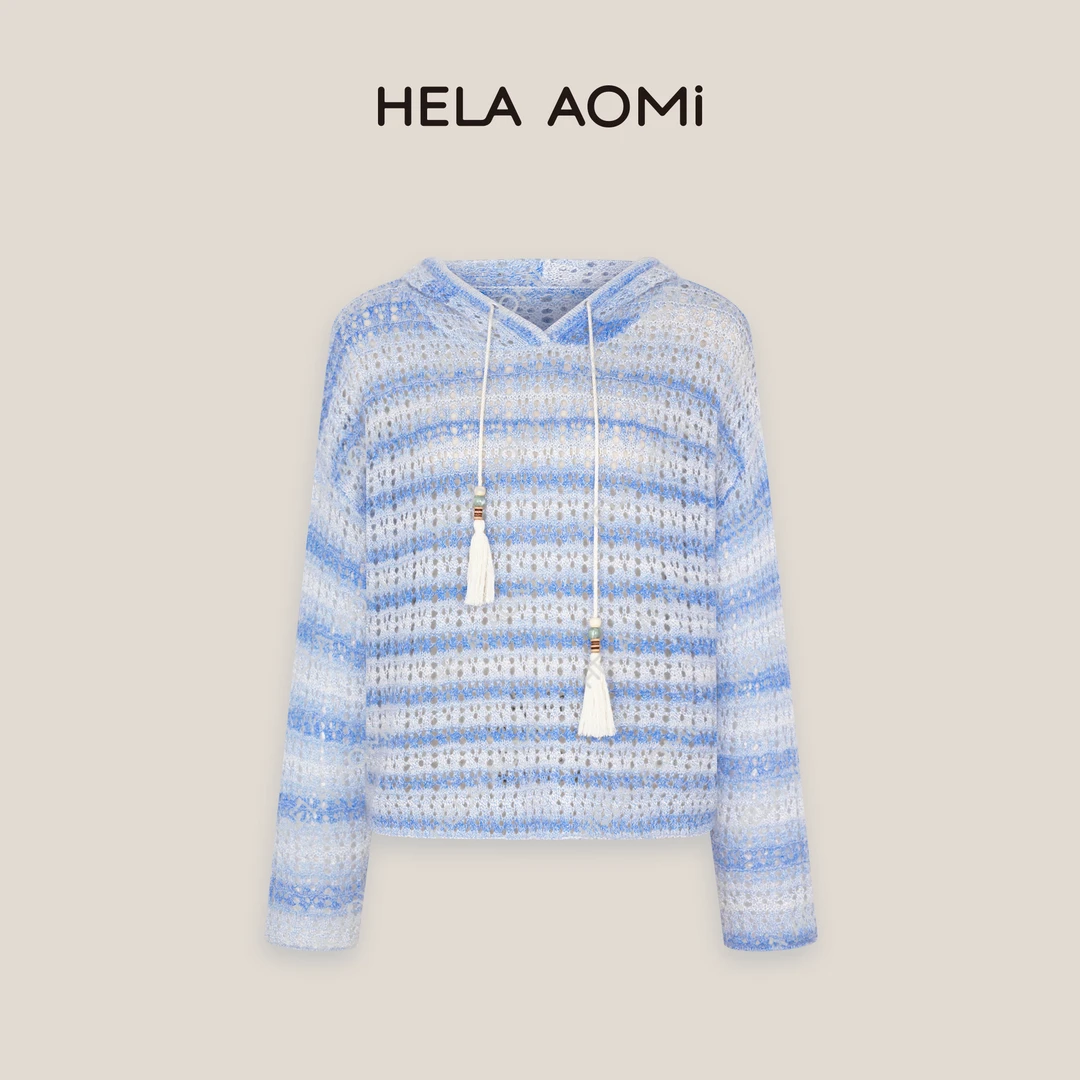 HELAAOMI“蓝梦”彩色镂空连帽宽松慵懒感针织衫上衣CY5AZ31801