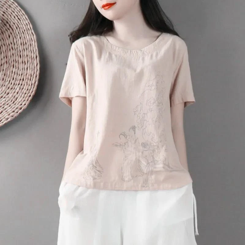 【现货+运费险】文艺棉麻休闲t恤女夏季新款大码短袖复古简约上衣Y0