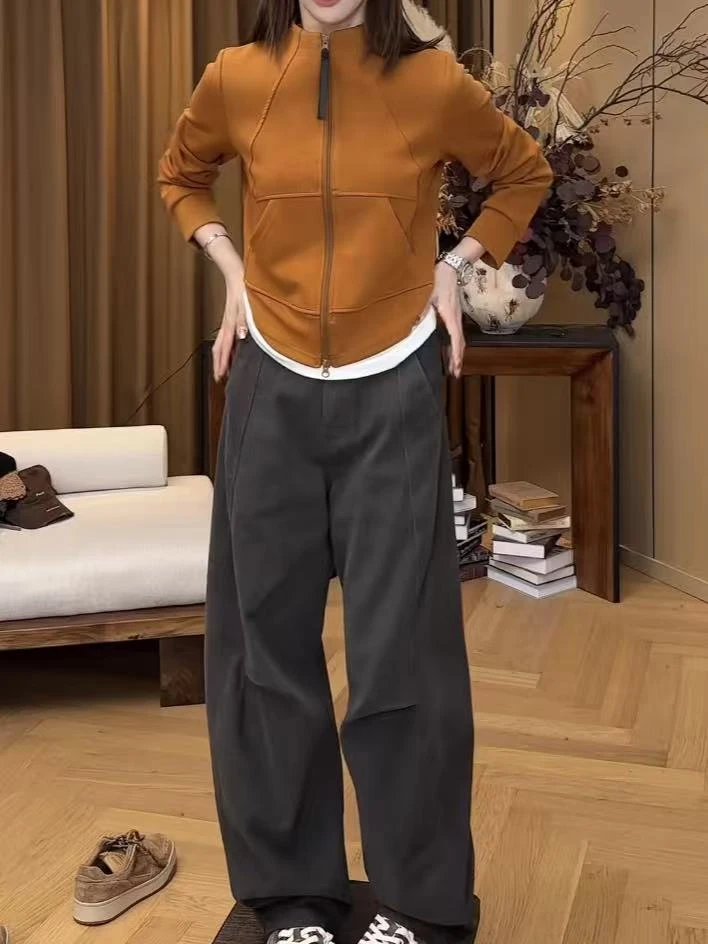 【俪宝】立体剪裁 欧货立领双拉链双腰线有口袋显瘦百搭卫衣