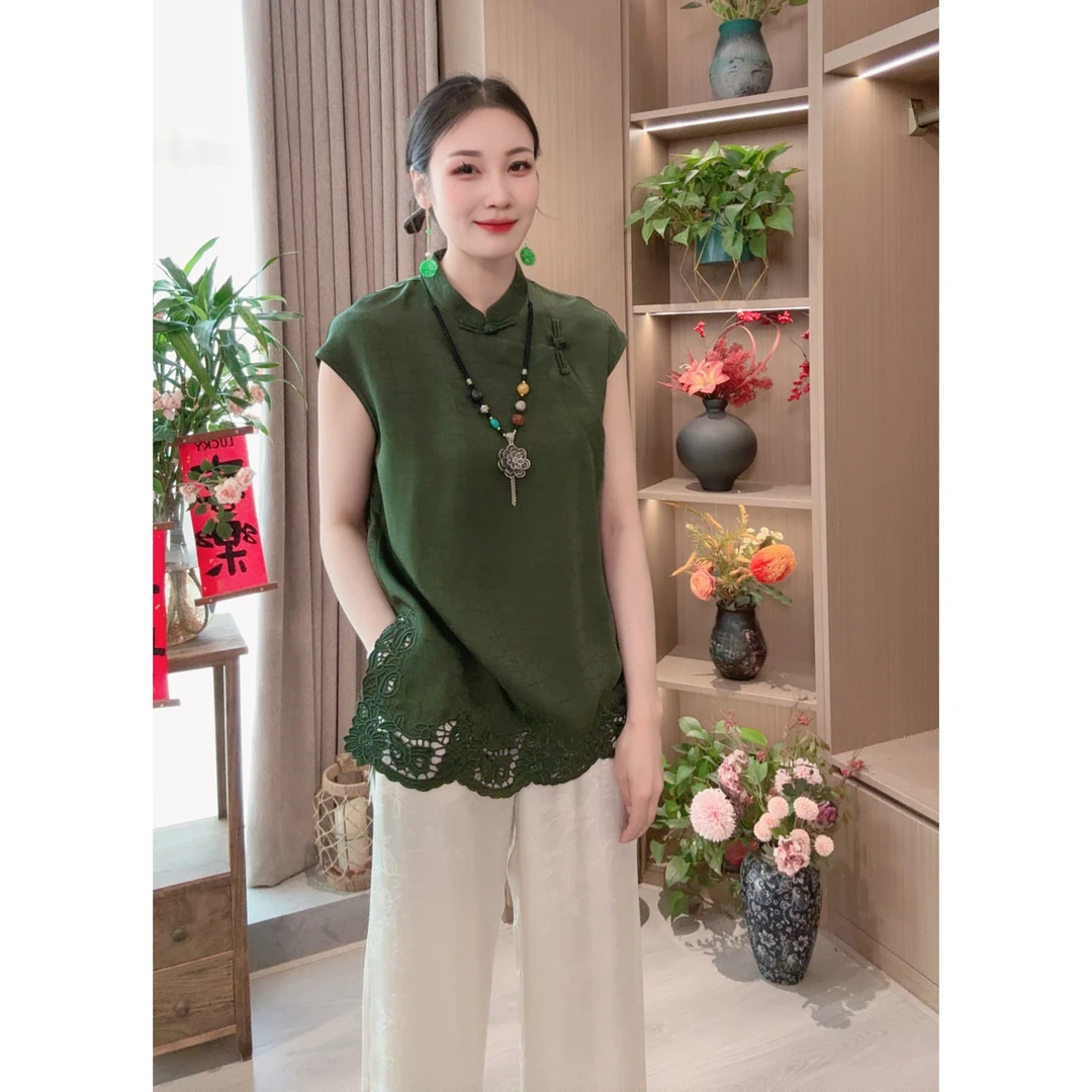 【溪畔】夏季新款上衣小衫新中式女装国风立领斜襟提花气质中长衬衫