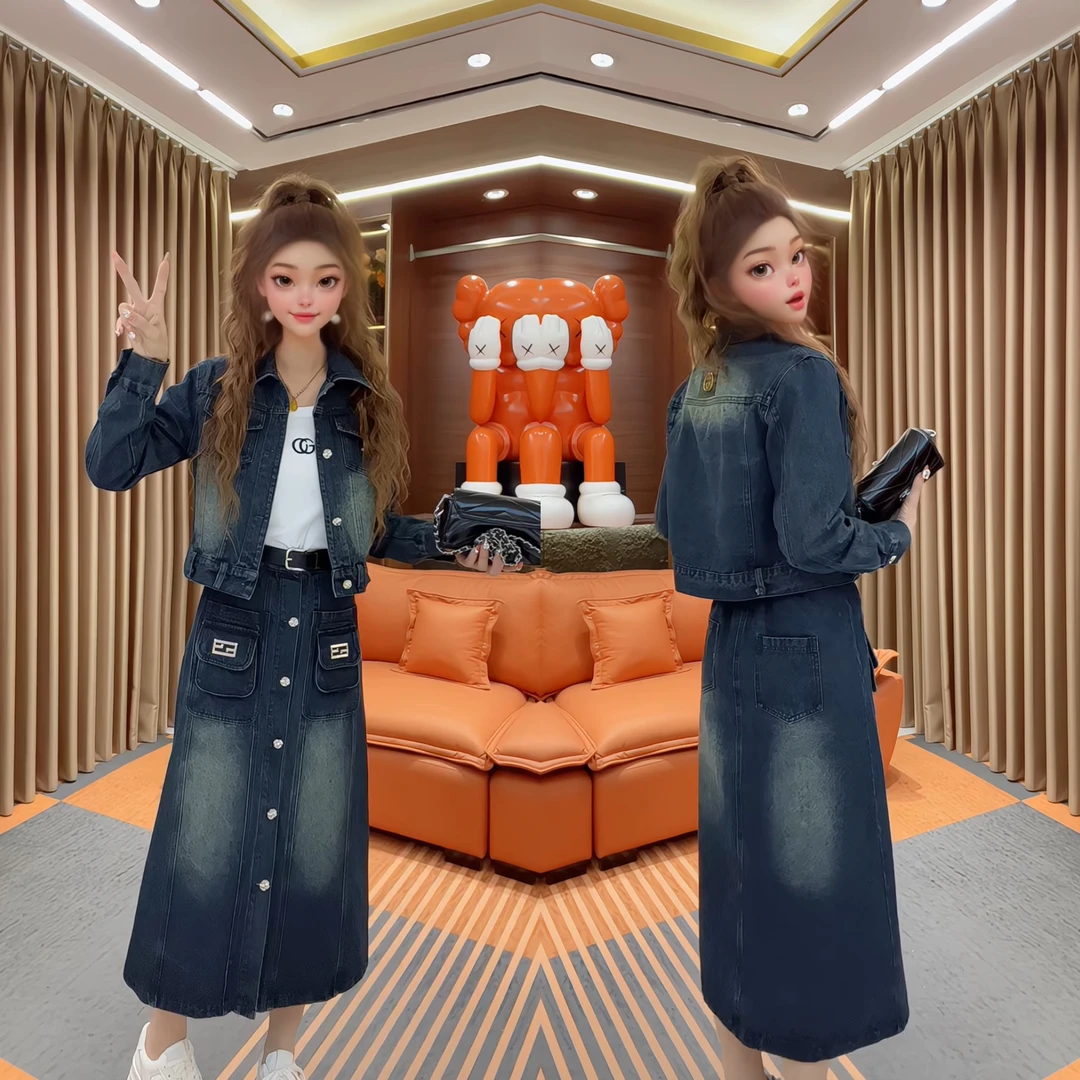 8350千金风时尚套装牛仔裙百搭韩版春季秋季时尚牛仔套装长袖