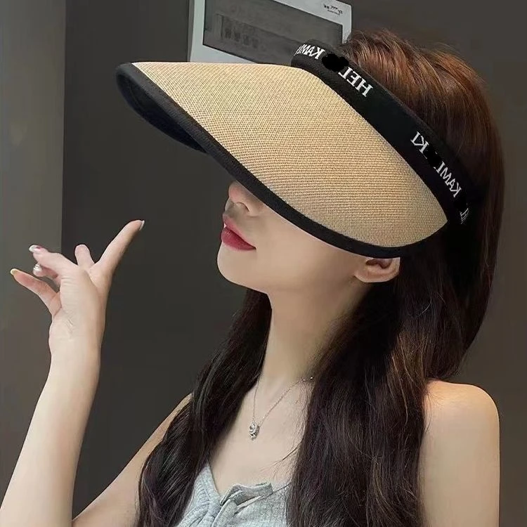 空顶遮阳防晒帽女夏季拉菲草防紫外线加宽大帽檐遮脸大头围太阳帽
