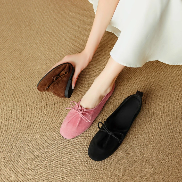 羊翻皮~1cm新款真皮单鞋女软底芭蕾鞋配裙子褶皱系带蝴蝶结平底鞋