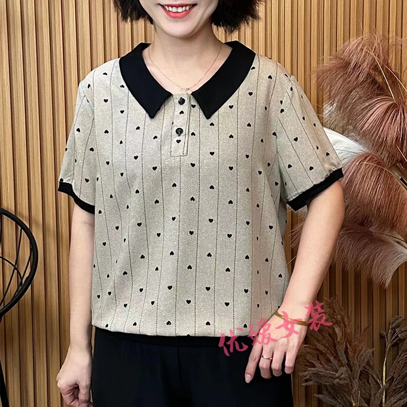 中老年女装夏季翻领竖条纹爱心薄款休闲宽松显瘦妈妈装短袖上衣