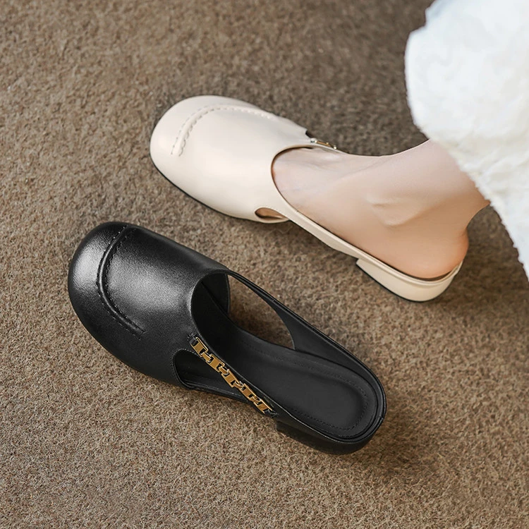 3cm/牛皮/粗跟真皮包头半拖鞋女时尚夏季新款圆头镂空中跟皮拖鞋