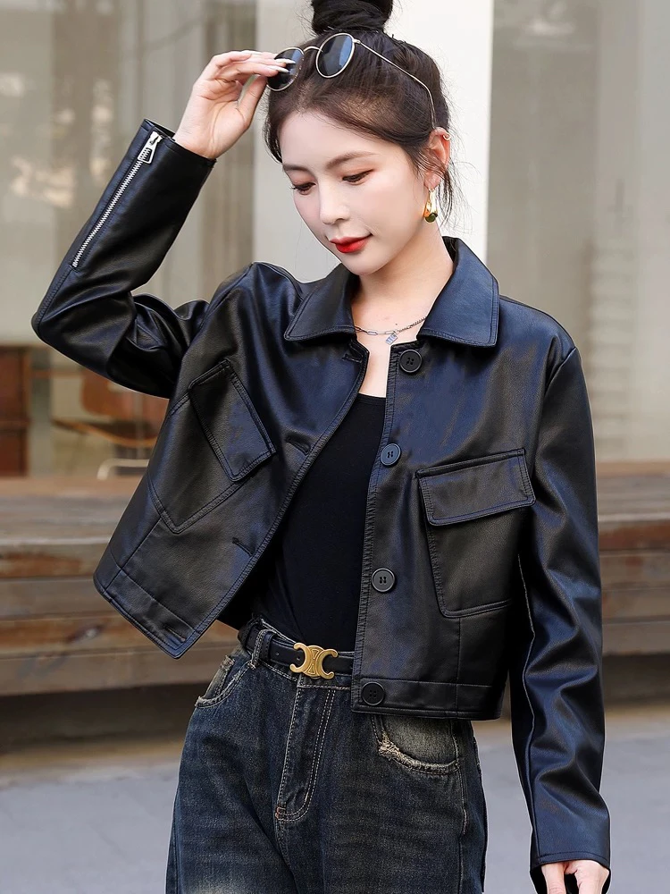 【极简主义】2319短款皮夹克外套皮衣女外套春秋百搭时尚显瘦洋气