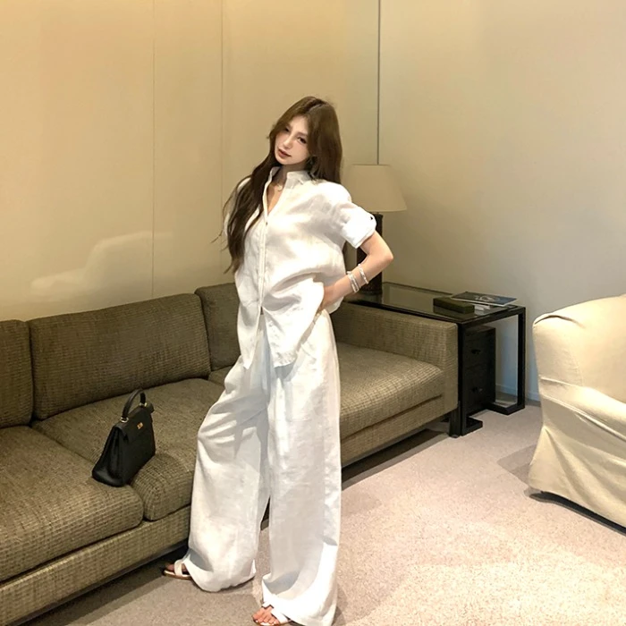 极简老钱风亚麻套装白色短袖衬衫外套女夏季穿搭休闲阔腿裤两件套