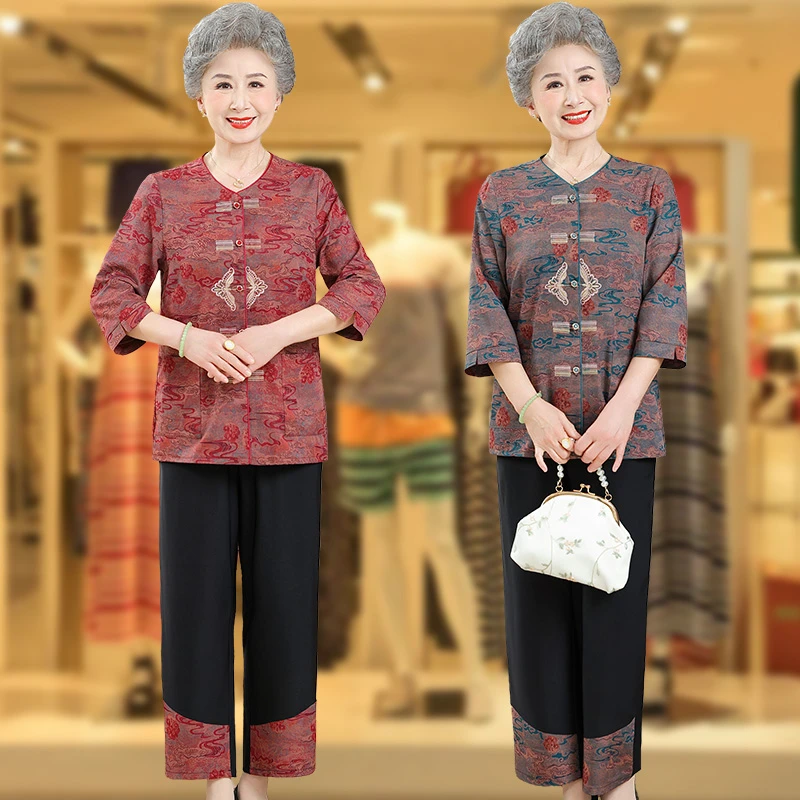 奶奶夏装中袖套装女60岁中老年人衬衫妈妈夏季两件套休闲老人衣服