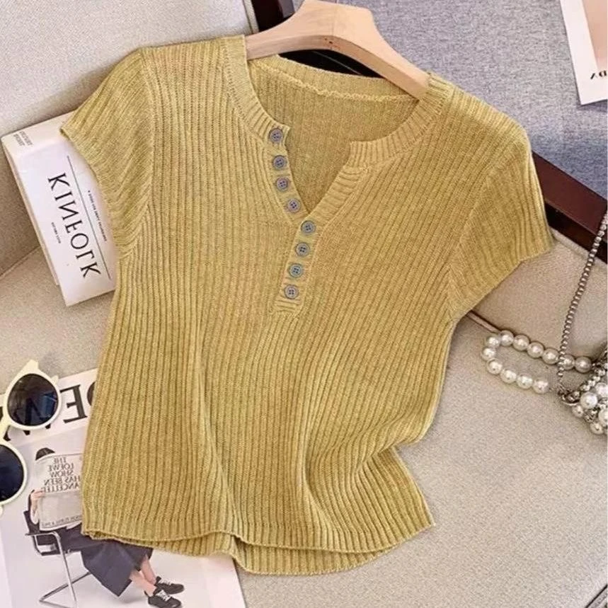 V领针织时髦短袖T恤女装夏季新款纯欲百搭时尚洋气短款纯色上衣