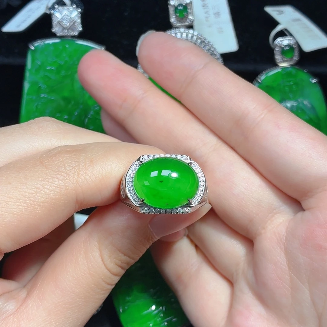 翡翠银S925镶嵌戒指天然A货翡翠