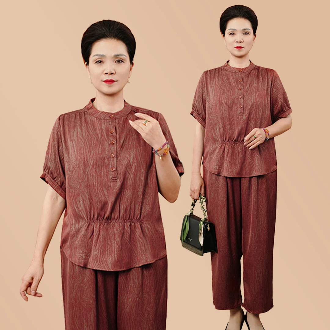 春季新中式立领短袖气质两件套中老年女装妈妈装时尚薄款套装女装