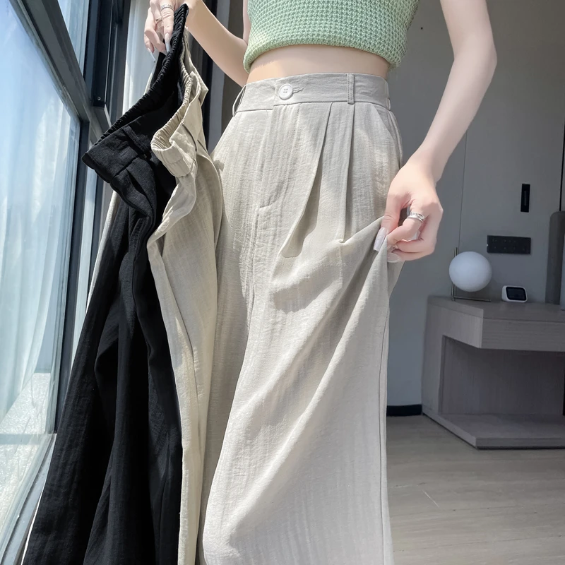 实拍冰丝阔腿裤女2025夏季高腰垂感西装裤日系慵懒风棉麻山本裤子