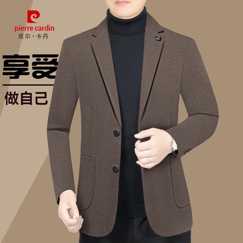 雪尼尔男装休闲西装外套中年男士厚款毛呢西服上衣皮尔卡丹春秋款