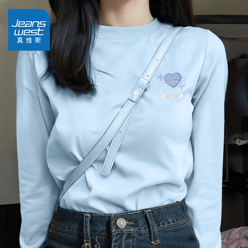 真维斯蓝色纯棉长袖t恤女2025秋季新款学生高级感正肩上衣打底衫