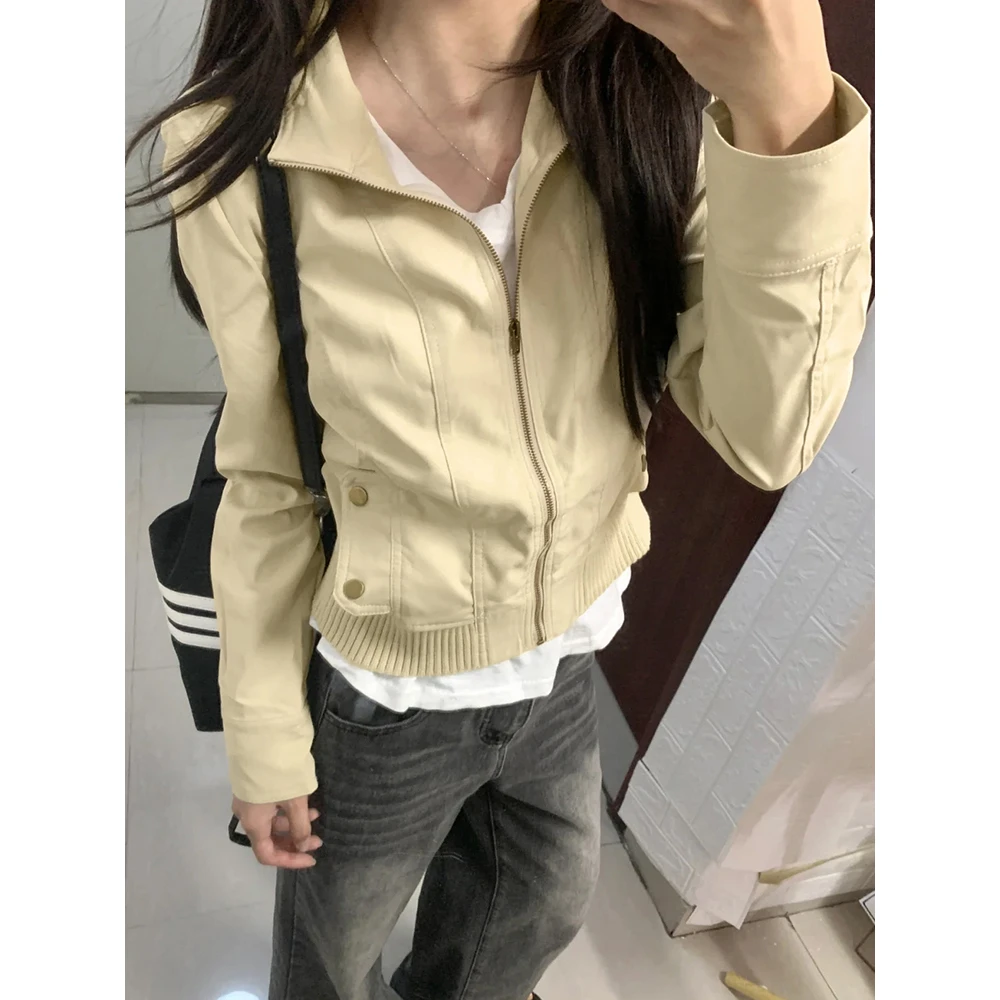 工业风拉链中性夹克女春季新款解构拼接口袋立领修身收紧腰短外套