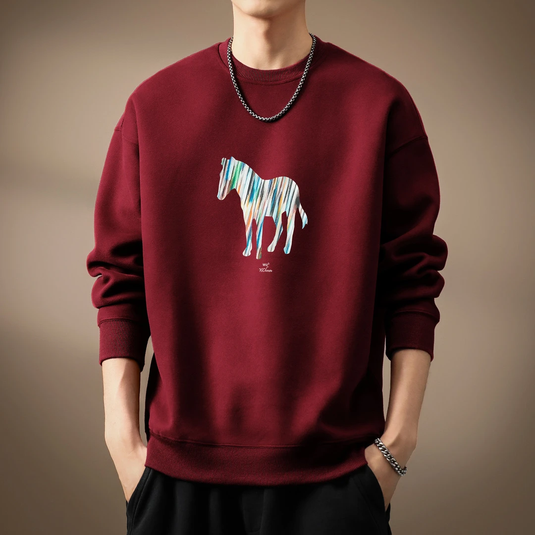 高端2026冬季新款美式彩色骏马卫衣男士圆领个性印花潮流宽松外套