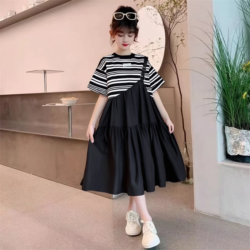 女童宽松连衣裙夏季假两件学院风裙子2023新款韩版洋气中大童