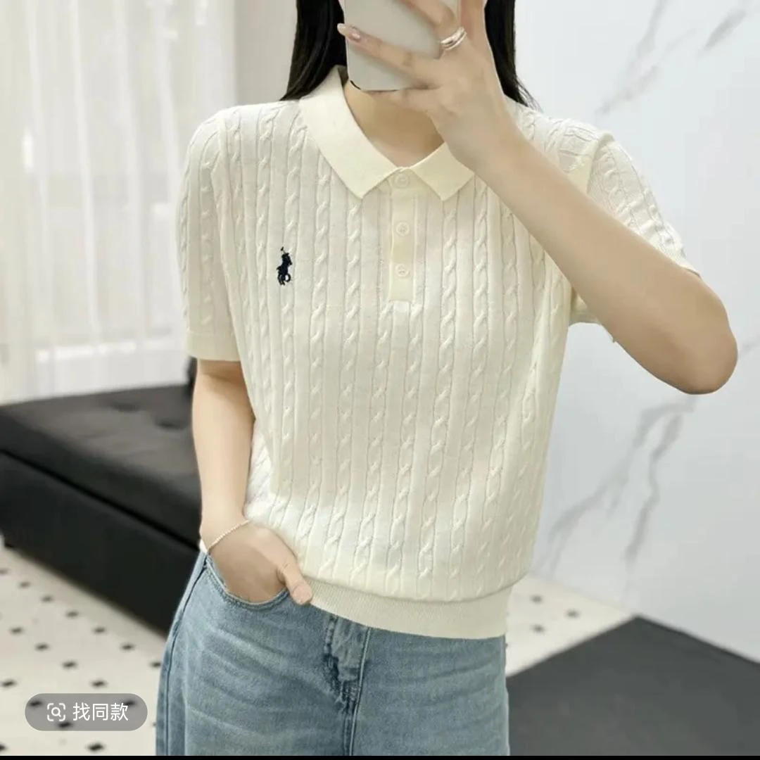 【夏莫卡】白色 POLO领短袖针织T恤女2025年春夏新款显瘦刺绣上衣