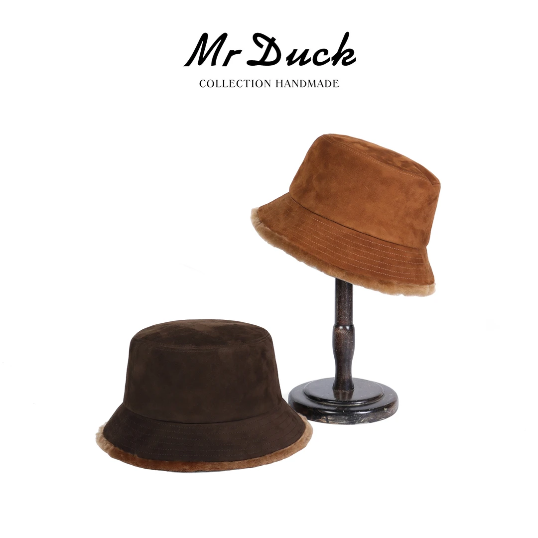 Mr DUCK如故 高定皮毛一体加绒渔夫帽女秋冬羽绒服穿搭防寒盆帽子