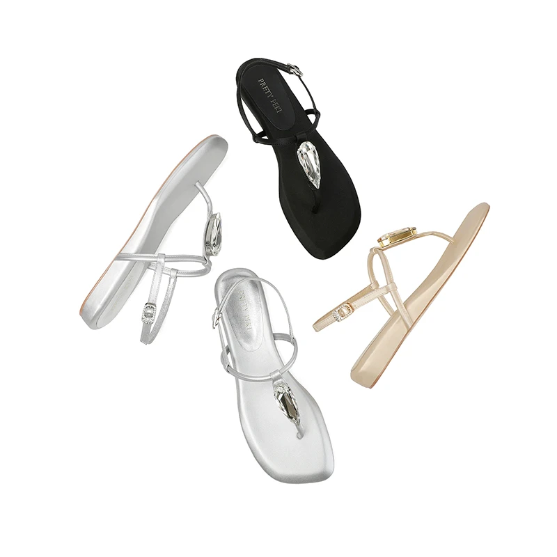 【跟高2cm】2025年夏季新款水钻方头平跟时尚高跟凉鞋外穿