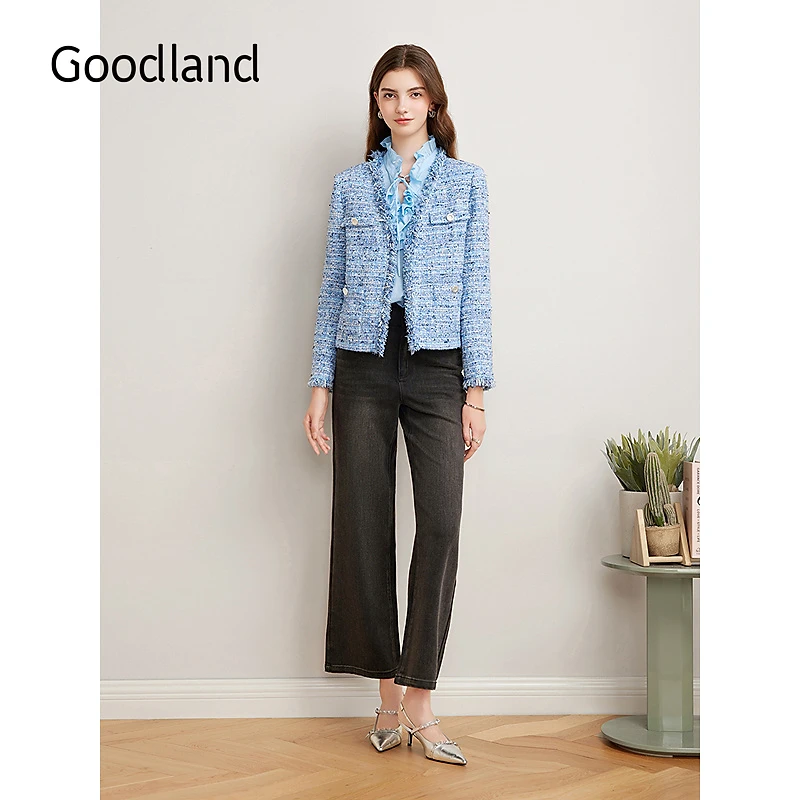 Goodland美地2025春季新款法式优雅流苏花边粗花呢箱型短外套