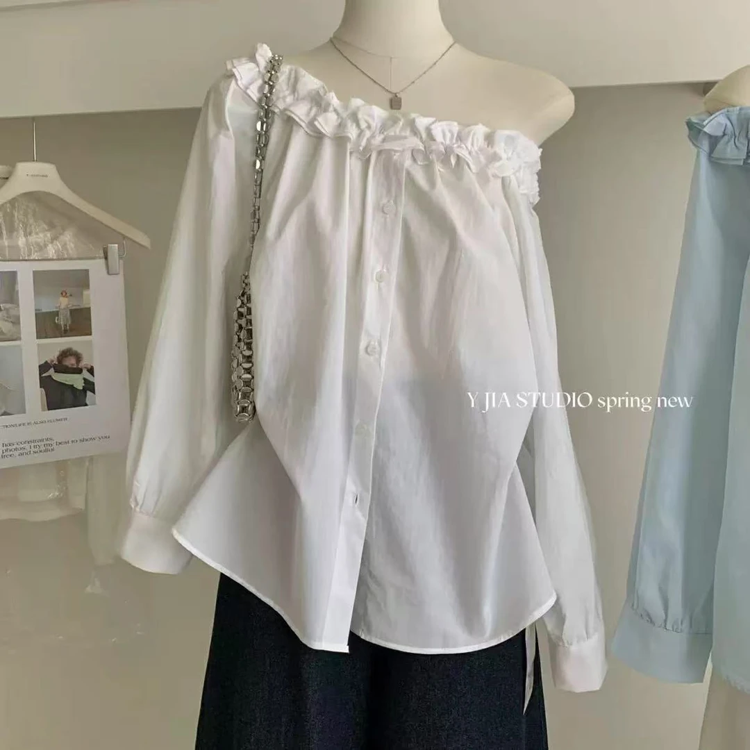 韩系设计感荷叶边一字肩宽松单排扣衬衫女夏季百搭休闲长袖上衣潮