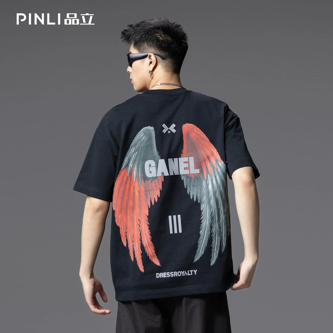 PINLI品立夏季重磅短袖T恤时尚印花宽松休闲男体恤衫GD252111324