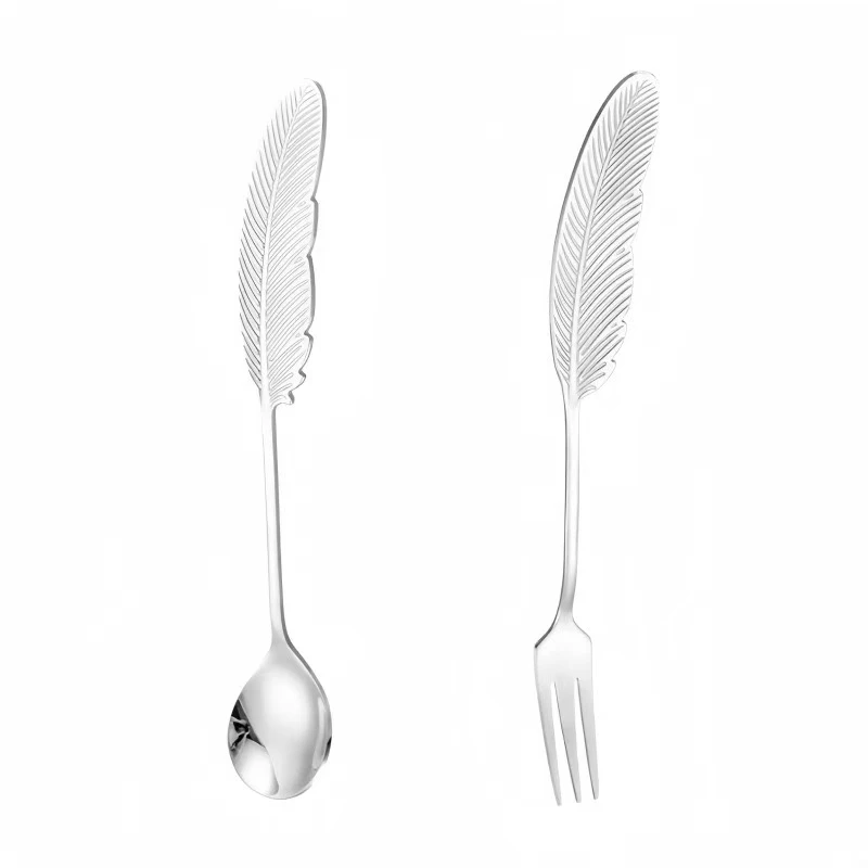 创意羽毛勺叉304不锈钢勺子家用水果叉燕窝勺子搅拌甜品勺