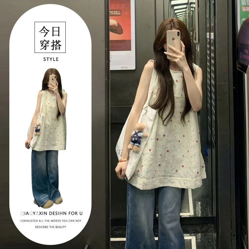 2025超火夏季穿搭套装法式慵懒风氛围感无袖上衣高腰牛仔裤两件套