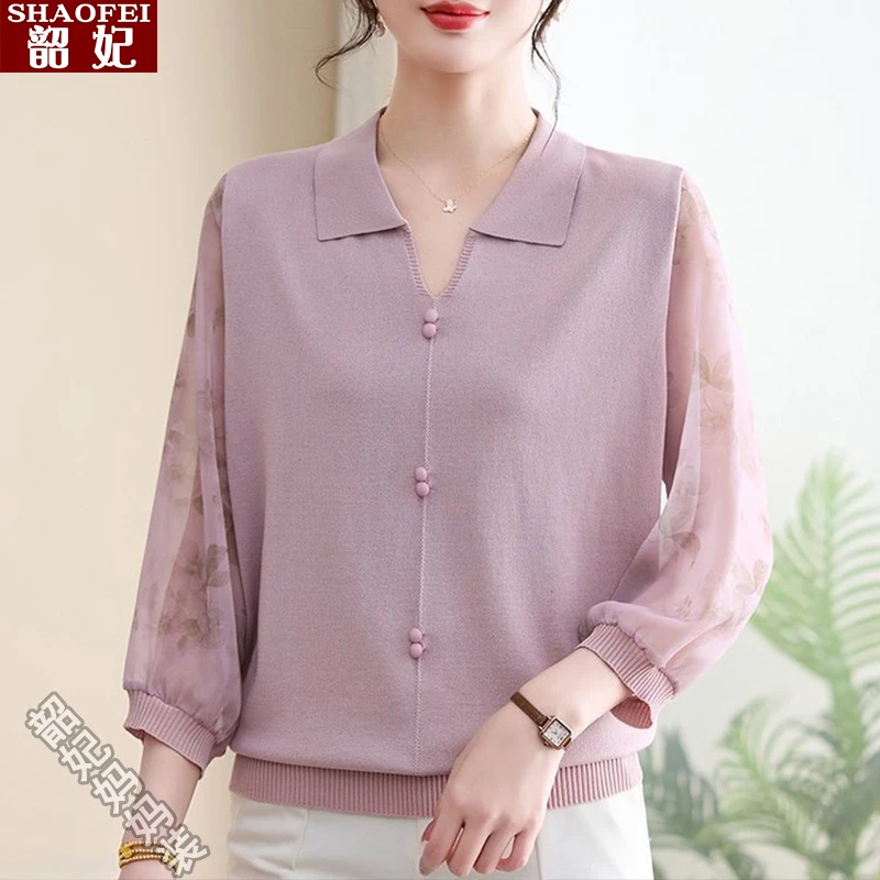 妈妈春秋七分袖针织小衫中老年女夏季气质纱袖打底T恤上衣服薄款