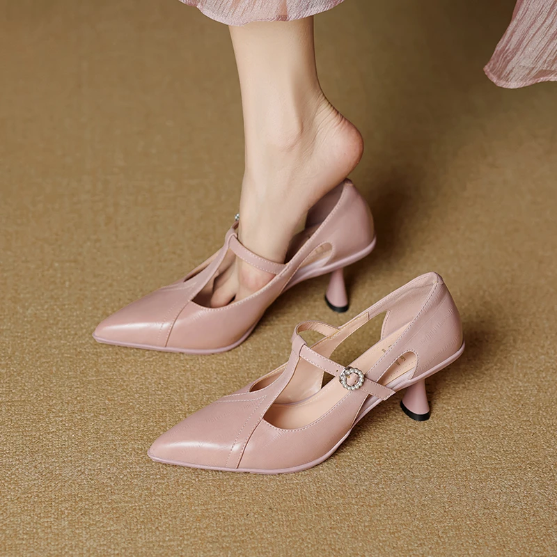 7cm镂空T型带玛丽珍鞋细跟真皮尖头法式单鞋春秋百搭浅口高跟鞋女