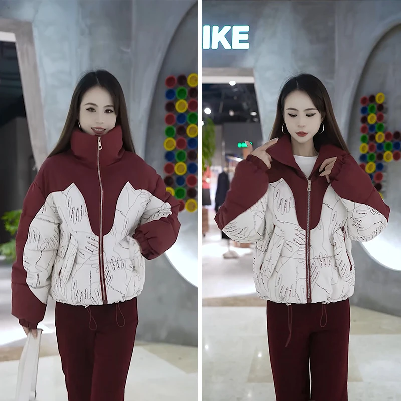 冬季新款拼接加棉加厚棉服女宽松落肩袖拉链设计保暖时尚休闲外套