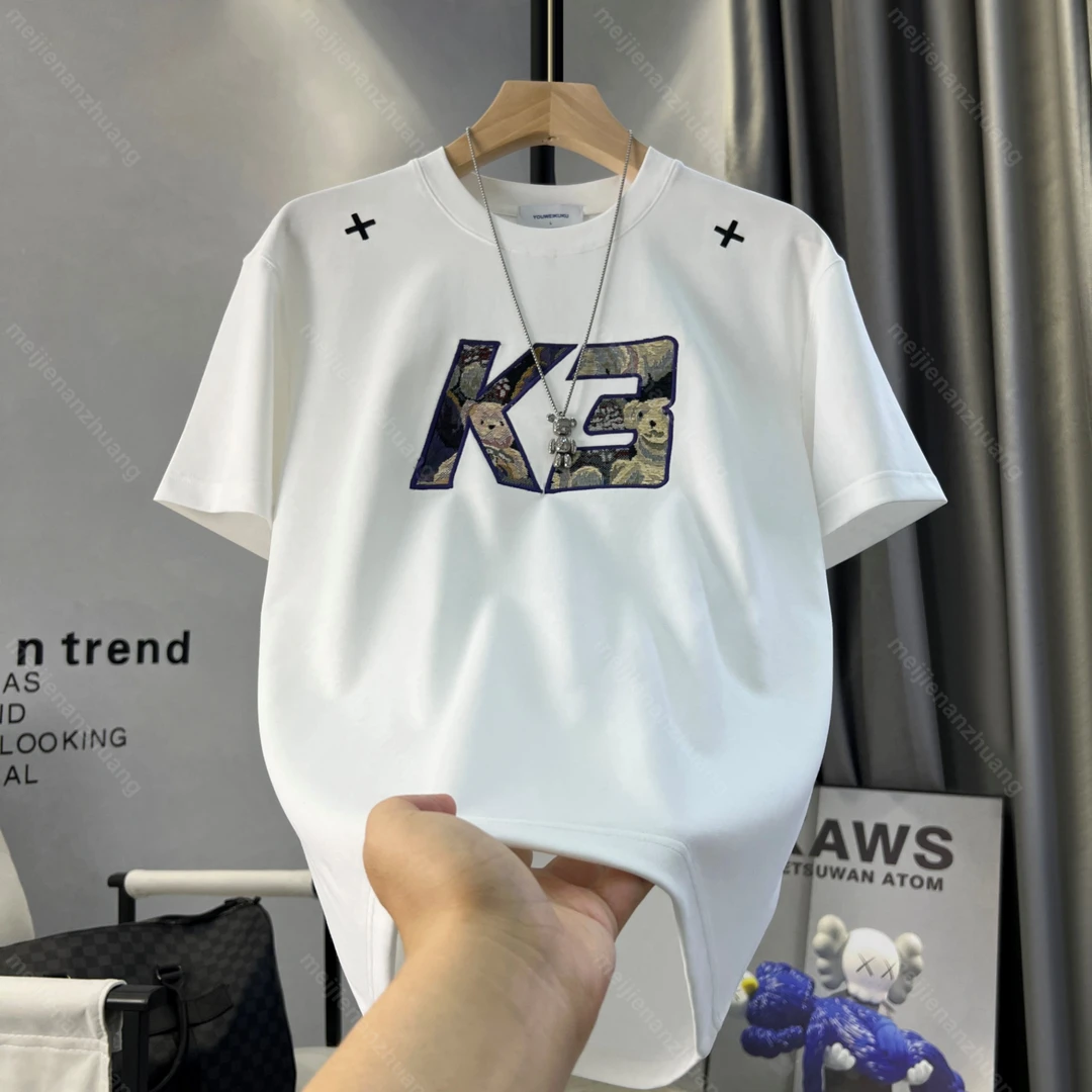 男士2025夏季重工刺绣时尚新款男透气修身质感青春圆领T恤【5630】