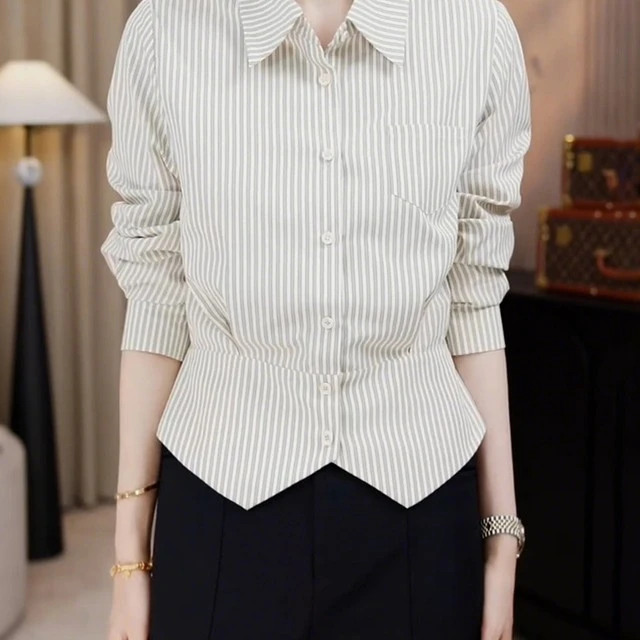 秋季码衬衫上衣美式覆古翻领大胖修身长袖新款小众设计感女显瘦mm