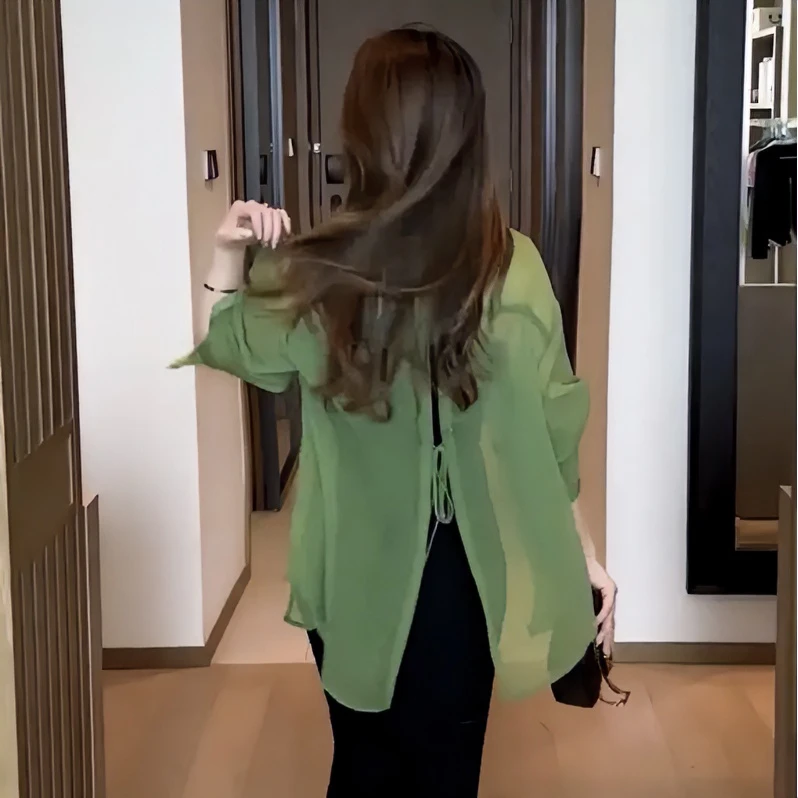 设计感后背开叉防晒衬衫韩版宽松薄款上衣衬衣防晒衣女