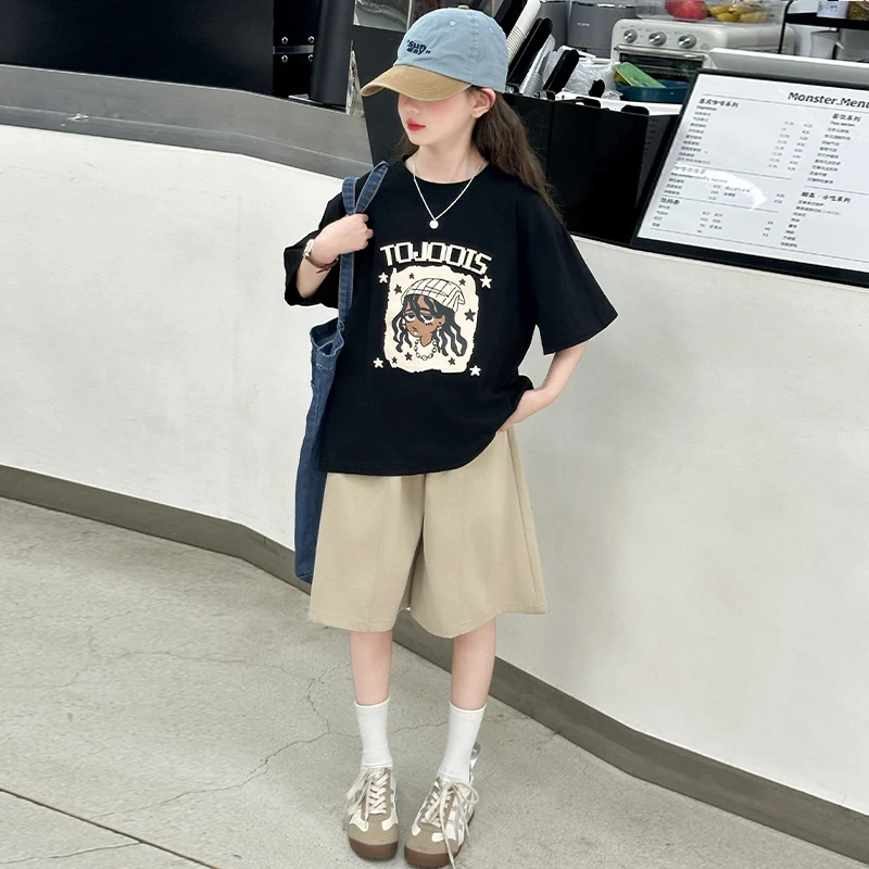 女童夏季套装2025新款6-12-15岁中大童韩版卡通T恤休闲短裤两件套