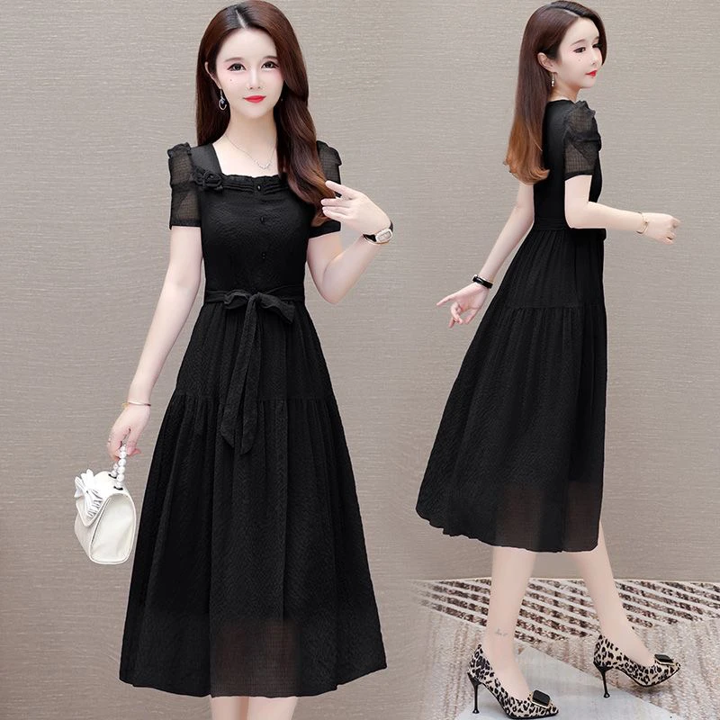 112 正品气质纯色法式连衣裙女夏季新款收腰系带方口领裙子