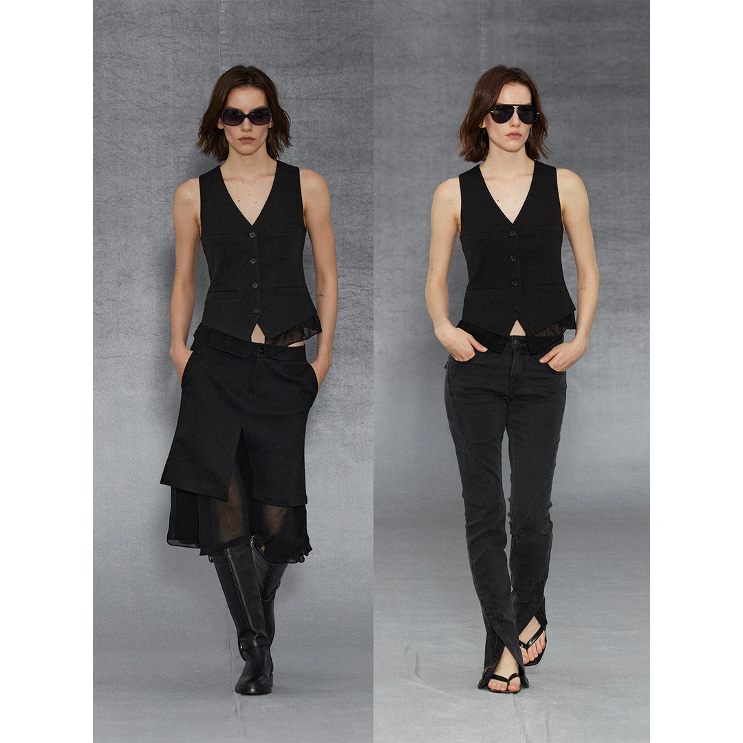 randpickee | retro系列-v领荷叶边短款收腰马甲