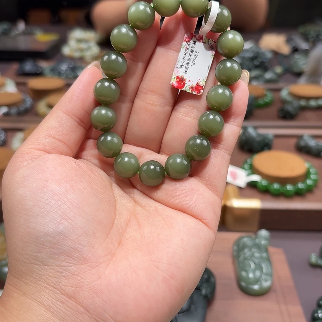 和田玉未镶嵌手链沙枣青 12 特细 豆青