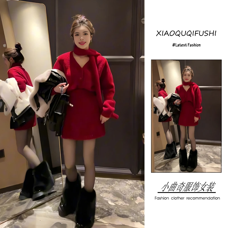 冬季穿搭一整套装女韩版2025年新款韩系超洋气红色毛衣短裙两件套