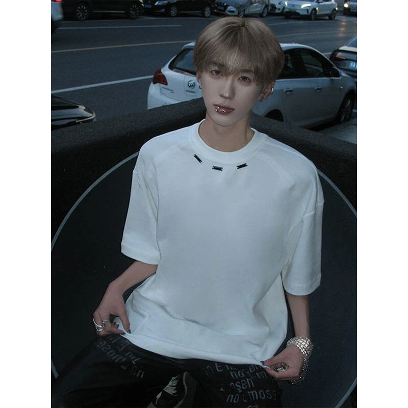 300g重磅小领口短袖t恤男款金属扣纯棉五分袖cleanfit正肩半截袖