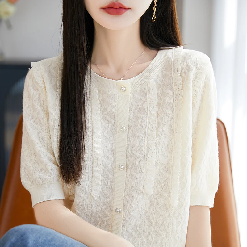 圆领桑蚕丝蕾丝花边短袖假开衫显瘦短款夏季宽松提花薄款镂空